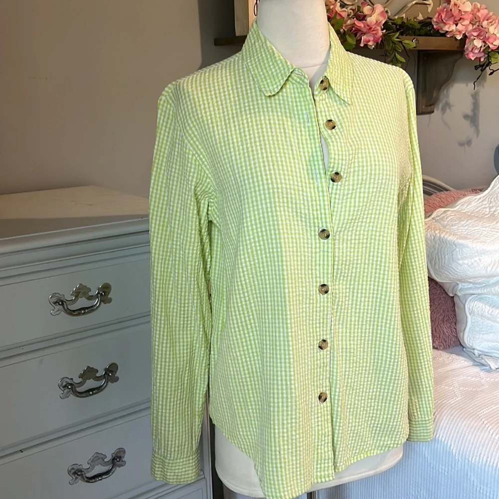 Vintage Bedford Fair Lifestyles Lime Green 90s Seersucker Checked Blouse Women M - Picture 4 of 9